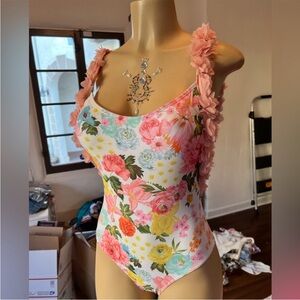 Floral Print Bodysuit with Pink Ruffle Straps